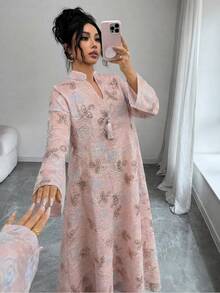 Al Najma Women's Summer Long Gold Craft Mesh Fabric Tassel Robe - Pink - View 4