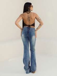 Maju Mazalli Celana Jeans Flare Washed Berpinggang Rendah yang Modis untuk Musim Gugur Kasual - Dark Wash - View 7