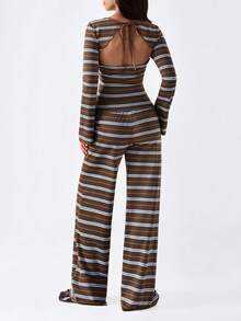 LYSMO Women's Striped Long Sleeve Top And Pants Casual Daily Set - Multicolor - View 2