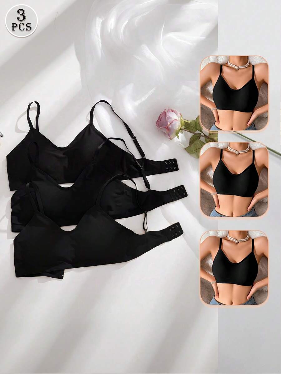 SHEIN 女款素色休閒日常細肩帶內衣 3 件組 - 黑色 - 查看 1