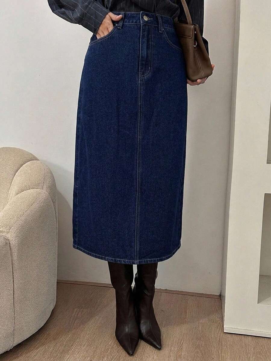 DAZY Autumn/Winter Straight Mid-Length Dark Blue Washed Commuter Style Women's Denim Skirt - Blue - View 1