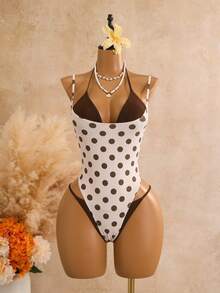 Swim SXY Women's Polka Dot 2 In 1 One-Piece Swimsuit, Suitable For Beach Vacation, Pool Party, Beach Party - Brown - View 3