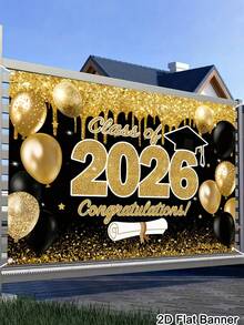 1件 2026畢業橫幅背景布，適用室內外牆面裝飾，高中大學畢業派對居家裝飾 - 黑金-02 - 查看 7