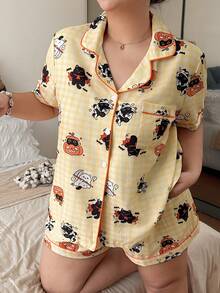 Napfluff CURVE Napfluff CURVE Halloween Themed Cartoon Print Bubble Crinkle Button-Up Short Sleeve Shorts Pajama Set Plus Size - Yellow - View 5