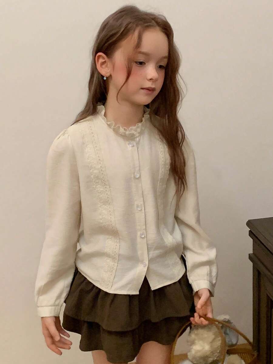 DAZY Blus longgar lengan panjang berkerah tegak kecil dengan patchwork renda dan lengan mengembang (musim gugur) - Krem - View 1