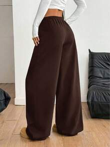 SHEIN Celana Jogging Longgar Kasual Minimalis Nyaman Pinggang Tengah Motif Huruf Kaki Lebar untuk Anak Perempuan Remaja - Coklat - View 3