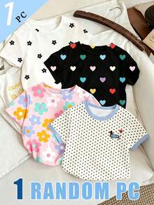 (Random 4 Pcs,Send 1 Pc)Baby Girl Fashion Creative Colorful Flower Heart Polka Dot Balloon Puppy Basic Short Sleeve T-Shirt, Suitable For All Seasons - Multicolor - View 1