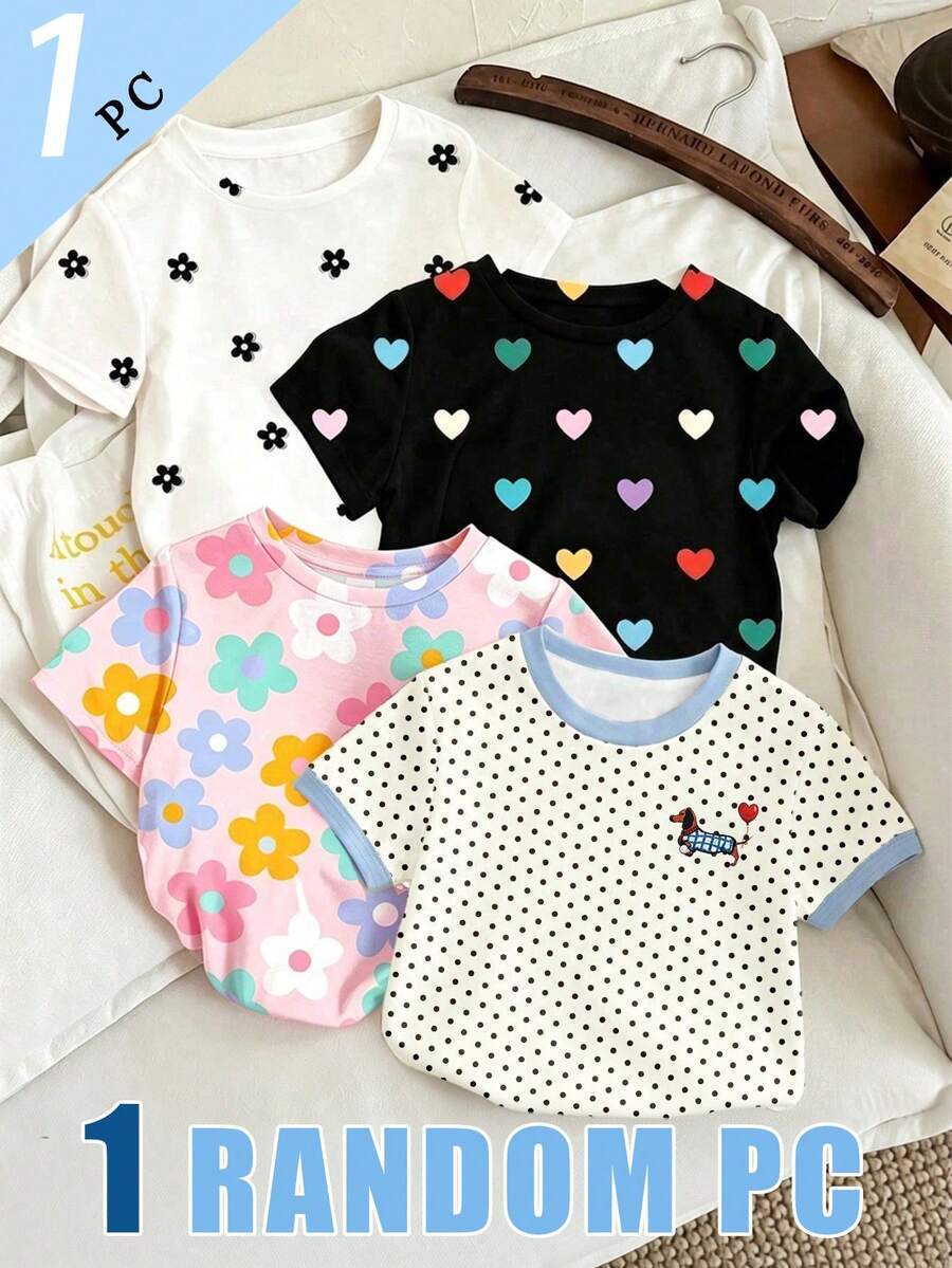 (Random 4 Pcs,Send 1 Pc)Baby Girl Fashion Creative Colorful Flower Heart Polka Dot Balloon Puppy Basic Short Sleeve T-Shirt, Suitable For All Seasons - Multicolor - View 1