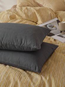 2pcs 100% Cotton Pillowcases, Natural Texture, Soft Touch, Envelope Closure, Suitable For Bedroom, Bedding - Dark Grey - View 7