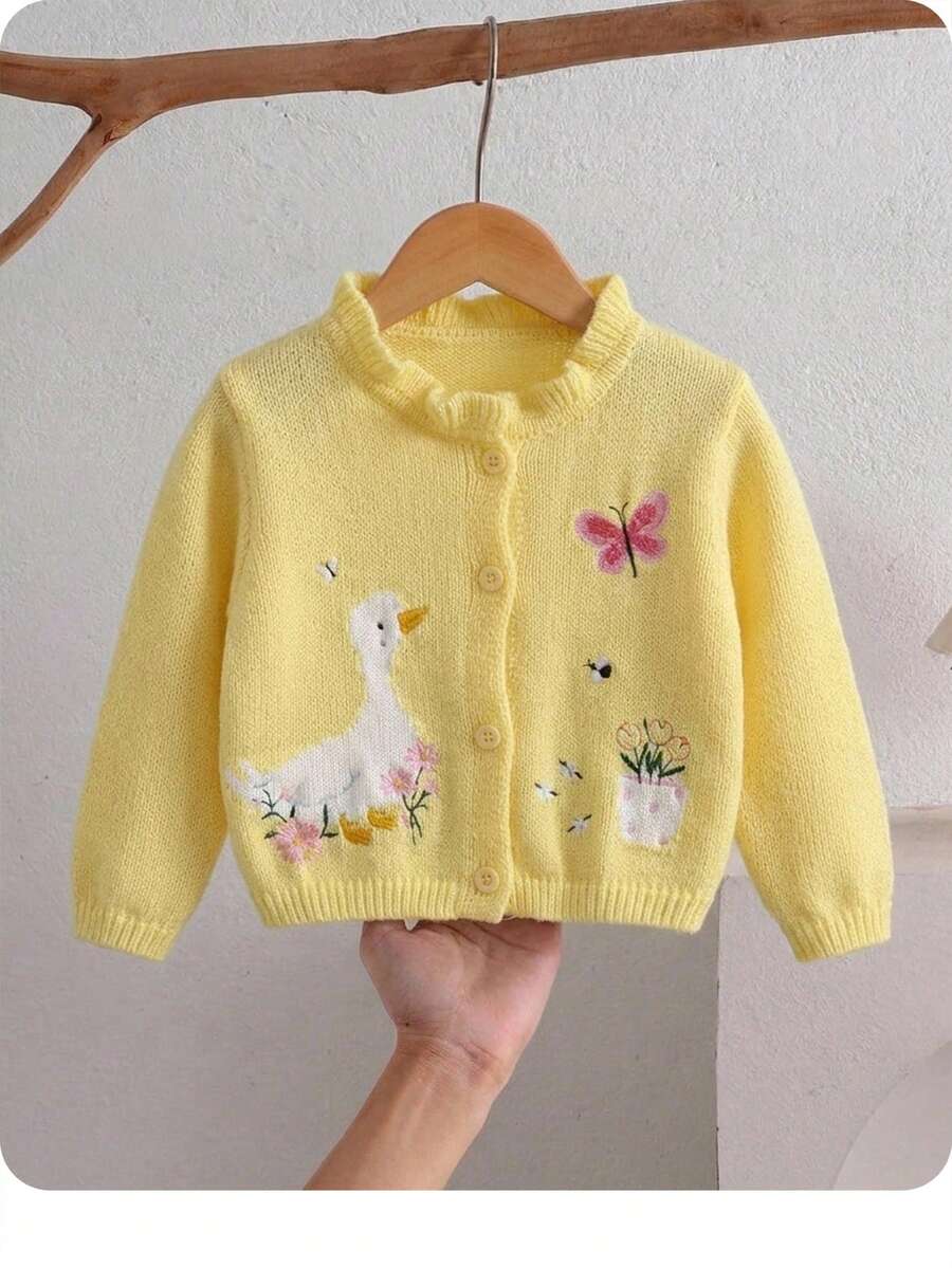 Cardigan Rajut Lengan Panjang Berkerah Tunggal yang Serbaguna dan Manis untuk Bayi Perempuan dengan Bordir - Kuning - View 1