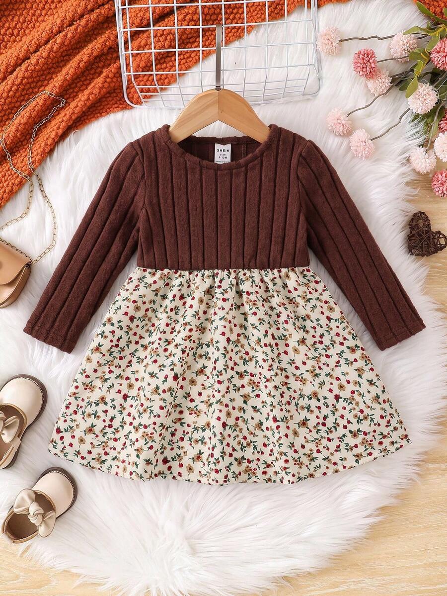 SHEIN Baby Girl Knit Solid Color Round Neck Patchwork Woven Floral Hem Casual Dress - Multicolor - View 1