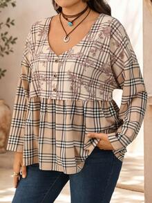 EMERY ROSE Plus Size Women's Plaid Floral Print V-Neck Long Sleeve Ruffle Button Loose Blouse Boho Casual Vacation Formal Brunch Autumn Black And White Fall - Multicolor - View 6