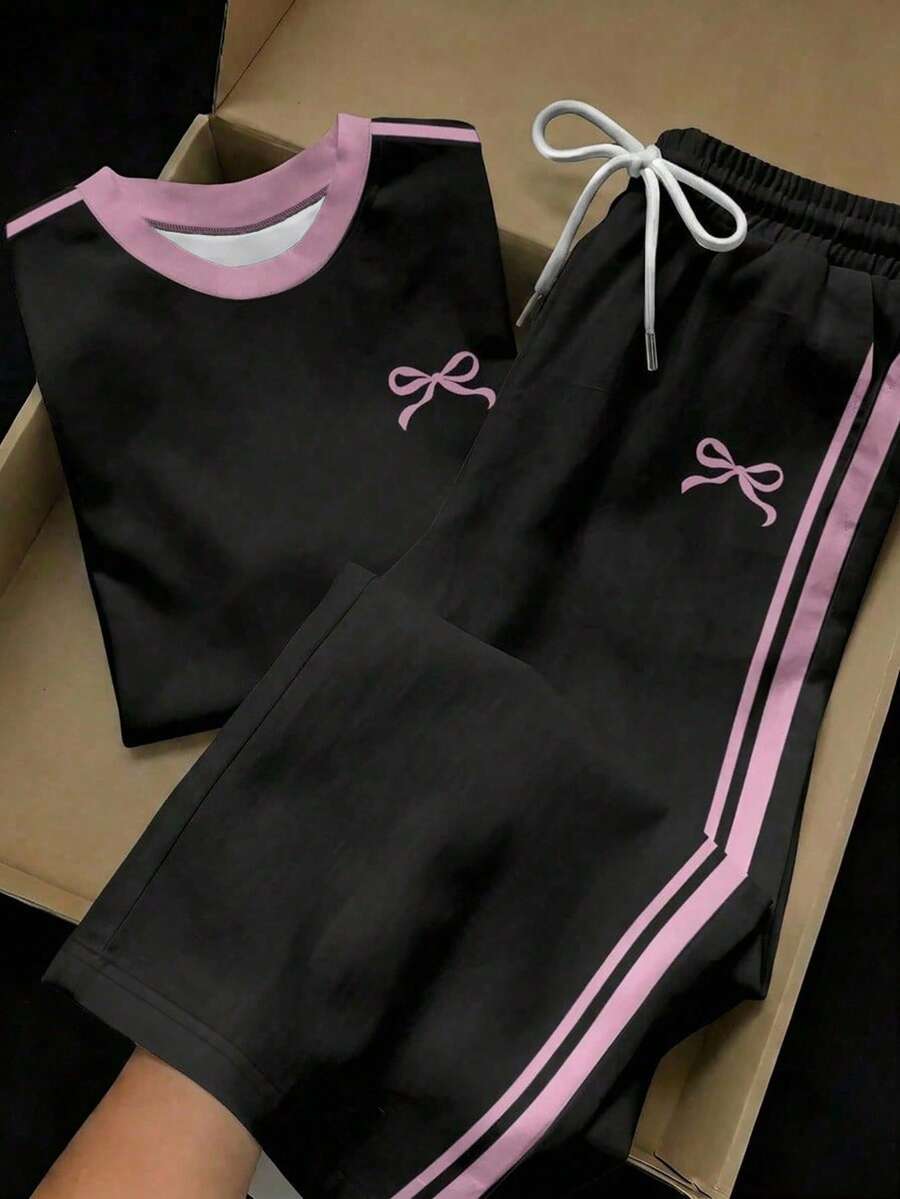 SHEIN Essnce 2件組刺繡圓領短袖上衣與條紋印花長褲，休閒風