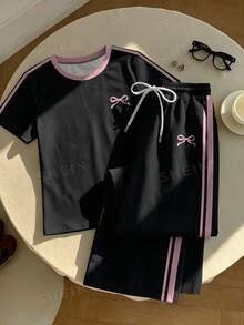 SHEIN Essnce 2件組刺繡圓領短袖上衣與條紋印花長褲，休閒風 - 黑色 - 查看 6
