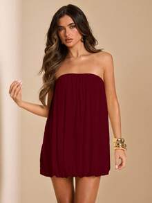 SHEIN BAE Spring/Summer Solid Apricot Strapless Mesh Puff Mini Dress, Elegant Sexy Ruched Mini Dress - Burgundy - View 7