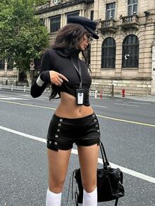 Jeanoix 女款鈕扣休閒百搭日常旅行短褲 - 黑色 - 查看 1