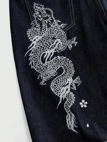 ROMWE MEN Anime 男士休閒牛仔短褲，附口袋、鈕扣，字母與龍圖案，適合日常穿著 - 藏蓝色 - 查看 4