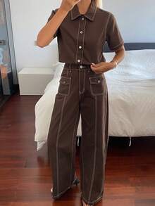 Livesso 女款棉質翻領無袖棕色純色鈕扣牛仔背心搭配寬腿長褲牛仔套裝 - 棕色 - 查看 4
