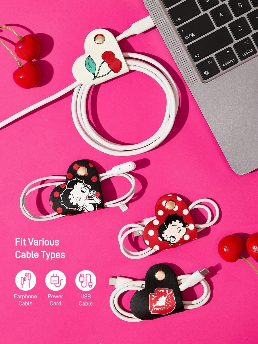 Betty Boop x SHEIN Retro Cartoon Heart Leather Cable Organizer Set Of 4, Snap-Button Design For Earphone & Cable Storage, Anti-Tangle Desk Tidy - Multicolor - View 1