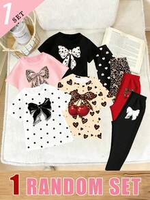 Summer Girls' Creative Leopard Cherry Love Polka Black Bow Pattern Printed Basic Short T Plus Bottom Pants Set Back-To-School School - Multicolor - View 3
