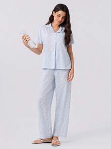 Loungeista Bubble Crinkle Little Star Print Short Sleeve Long Pants Pajama Set - Baby Blue - View 8