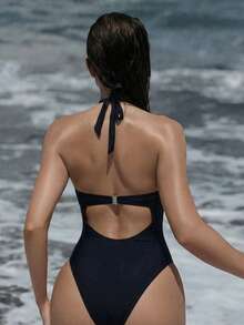 Swim SXY 女士性感纯色镂空交叉挂脖钢圈连体泳衣 - 黑色 - 查看 2