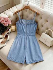 SHEIN MOD 女款花卉刺繡圖案休閒日常夏季牛仔細肩帶連身褲 - 黑色 - 查看 2