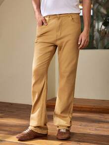 Whitmere Men's Regular Fit Vintage Washed Elastic High Street Straight Slim Fit Casual Jeans - Khaki - View 4