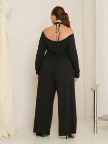 Lele Munniz Plus Size Frilya Women Solid Color Off-Shoulder Ruched Wide Leg Jumpsuit - Black - View 2