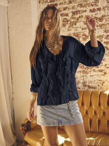 Aralina Ruffled V-Neck Long Sleeve Front Tie Blouse - Navy Blue - View 7