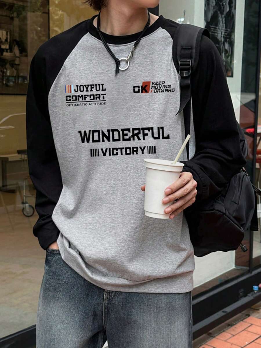 DAZY Spring/Autumn Long Sleeve Black & Gray Raglan Sleeve Brown Letter Print Crew Neck Loose Fit Men's T-Shirt - Multicolor - View 1