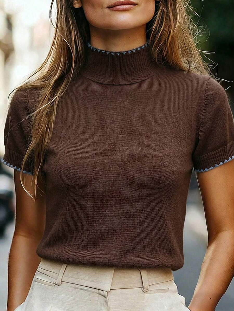 SHEIN Franclia Semi-High Neck Fitted Shell Embroidery Pullover Short Sleeve Knit Top - Coffee Brown - View 1