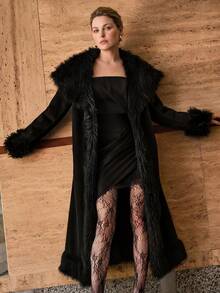 MOTF PREMIUM WOMEN'S PLUS SIZE AUTUMN/WINTER SHEARLING LONG COAT - Black - View 1