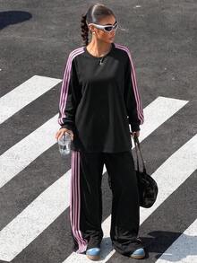 Muchica Ensemble 2 pièces décontracté pour femme avec top à col rond manches longues et pantalon blocs de couleurs pour un usage quotidien - Noir - Voir 2