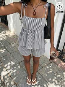 FavEase Women's Vacation Blue Casual Striped Camisole And Shorts 2 Pieces Set, Suitable For Casual Vacation, Outings, Dates, College, Daily, Office, Home - Black and White - View 1