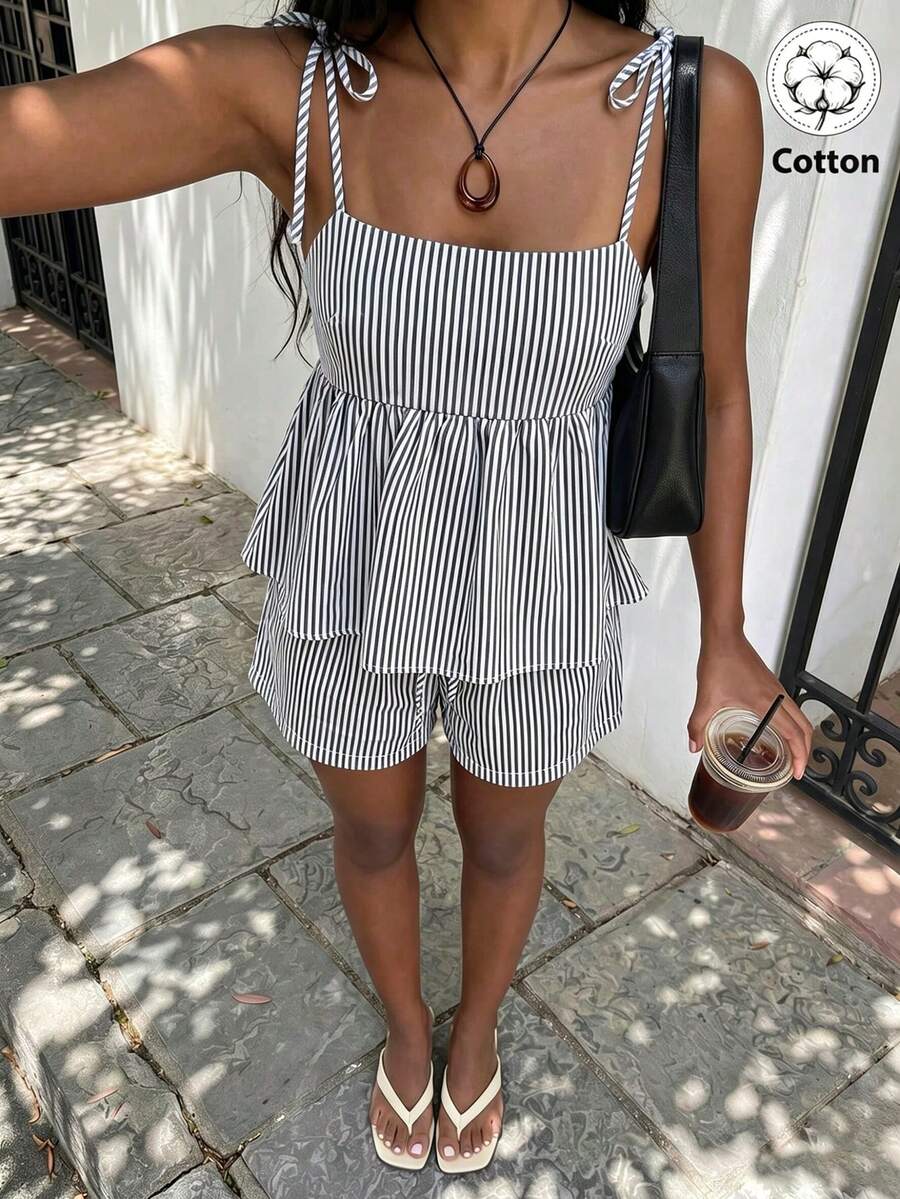 FavEase Women's Vacation Blue Casual Striped Camisole And Shorts 2 Pieces Set, Suitable For Casual Vacation, Outings, Dates, College, Daily, Office, Home - Black and White - View 1
