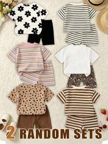 (Random 6 Sets,Send 2 Set)Summer Baby Girl Colorful Striped Floral Leopard Print Cartoon Rabbit Pattern Letter Print Basic Short T-Shirt And Cycling Pants 2-Piece Set,Autumn All-Season Outfit,Classic Striped Cartoon - Multicolor - View 2