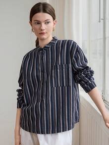 Dazy-Less Women's Loose Casual Cotton Long Sleeve Blue Solid Color Button-Up Shirt With Collar - Blue - View 6