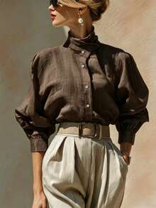 SHEIN Women's Solid Color Single-Breasted Casual Versatile Daily Wear Shirt - Brown - View 4