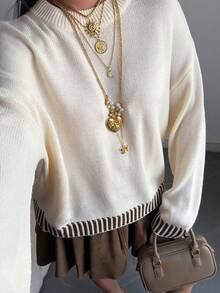 DAZY Women's Round Neck Dropped Shoulder Long Sleeve Patchwork Striped Loose Sweater - Apricot - View 5