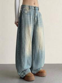 DAZY Women's Distressed Washed Faded Loose Wide Leg Jeans With Pockets, Casual Streetwear Vacation Spring Autumn Long Pants School - Blue - View 1