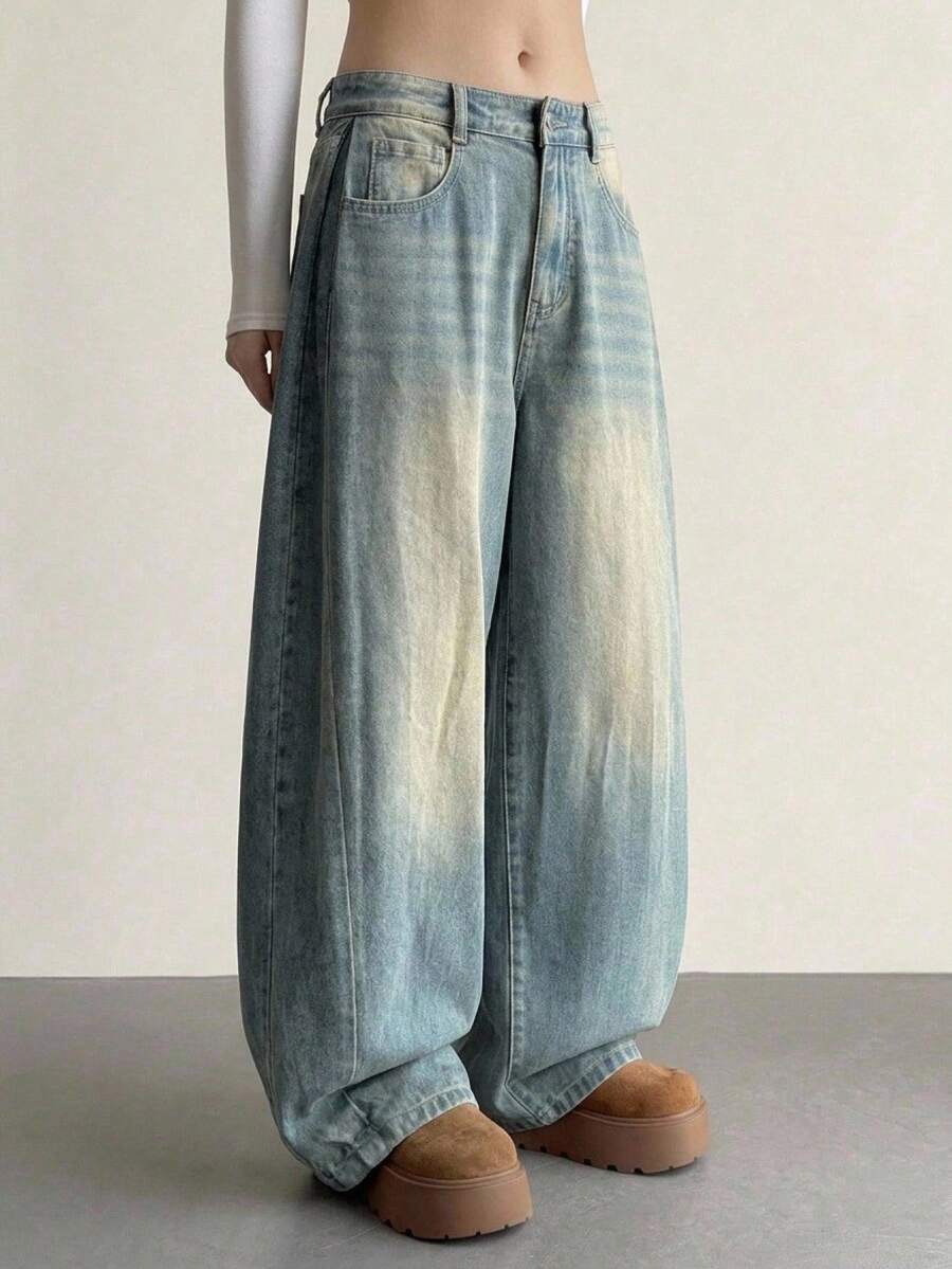 DAZY Women's Distressed Washed Faded Loose Wide Leg Jeans With Pockets, Casual Streetwear Vacation Spring Autumn Long Pants School - Blue - View 1