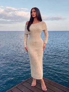 Sirith Women's Solid Color Asymmetric Neck Casual Vacation Travel Knit Dress - Apricot - View 2