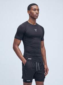 Nelvento Soul 2pcs Men's Short Sleeve Top And Drawstring Shorts Two Pieces Sport Suit, Fitness Outdoor Casual Workout Set Gym Compression Sports Black - Black - View 5