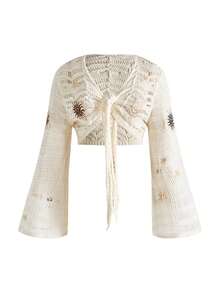 ROMWE Plus Size Women Hippie Bohemian Style Embroidered Cardigan With Moon And Star Pattern - Apricot - View 1