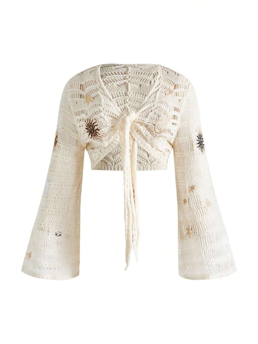 ROMWE Plus Size Women Hippie Bohemian Style Embroidered Cardigan With Moon And Star Pattern - Apricot - View 1