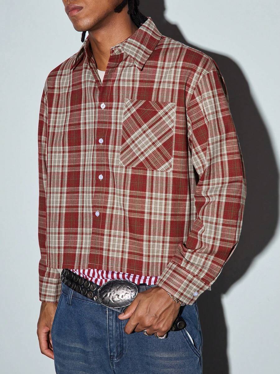 Modcrash Men's Single-Button Casual/Commuting Checkered Short-Sleeved Shirt - Red - View 1