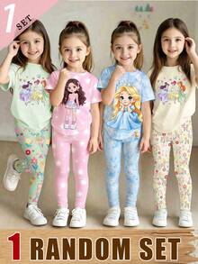Caja Ciega Juego Aleatorio, Conjunto de Camiseta Corta Básica y Leggings con Estampado Gráfico de Niña de Cabello Largo con Estrella Blanca Kawaii Linda y Creativa de Moda para Niñas, Estilos Cómodos de Verano y Otoño, Adecuado para Niñas en Todas las Estaciones - Multicolor - Ver 1