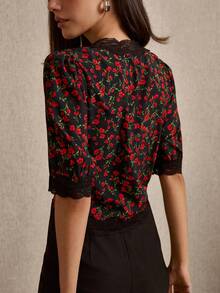 lacRébo Romantic Black Blouse With A Red Floral Print With Sleeves, Neckline, And Front Opening On Lace - Black - View 2