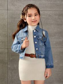 SHEIN Elladie kids 少女復古基本款做舊短版牛仔夾克，適合日常穿著、學校、校園、大學，秋季款 - 淺色水洗藍 - 查看 3